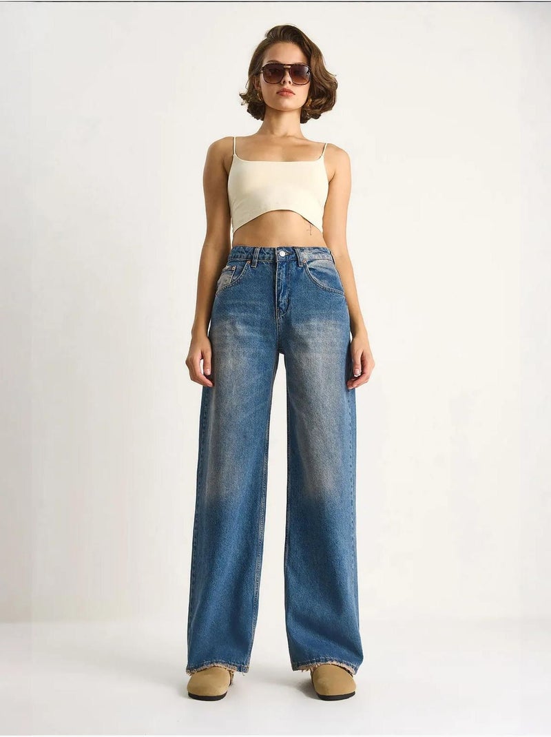 Pantaloni in denim a vita alta a gamba larga lucci Blu chiaro - Kiabi