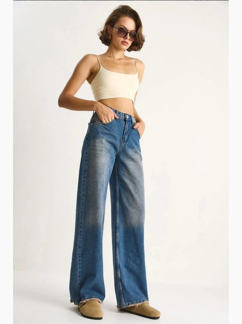 Pantaloni in denim a vita alta a gamba larga lucci - Kiabi Pantaloni in denim a vita alta a gamba larga lucci - Kiabi
