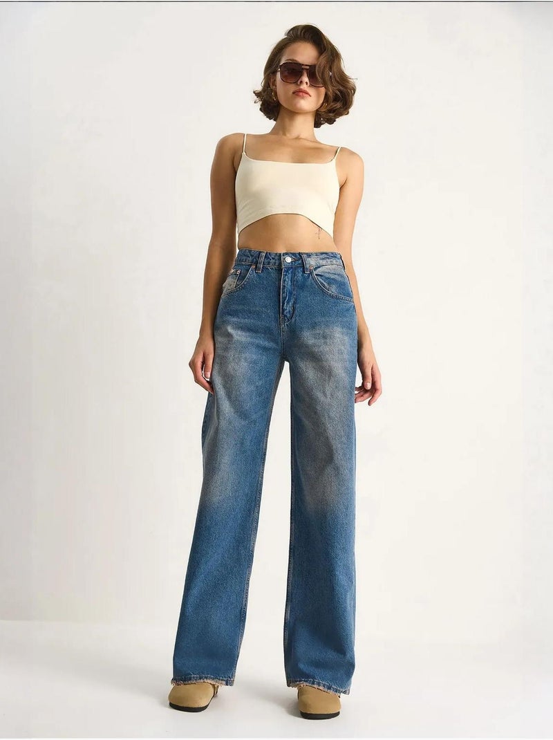 Pantaloni in denim a vita alta a gamba larga lucci Blu chiaro - Kiabi