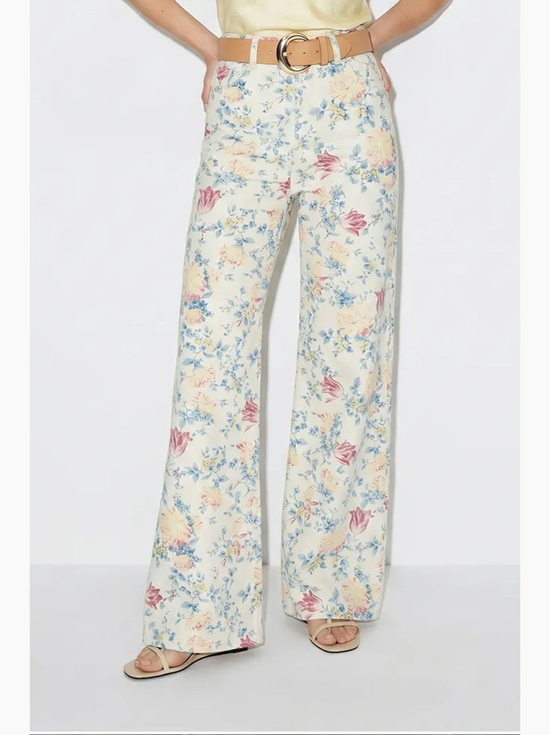 Pantaloni in denim a vita alta con stampa paisley e gamba dritta lucci Bianco - Kiabi