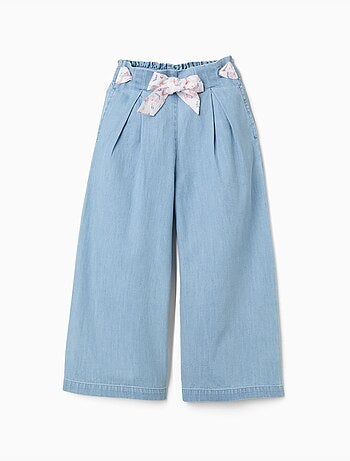 Pantaloni in denim con cintura floreale e vita paperbag