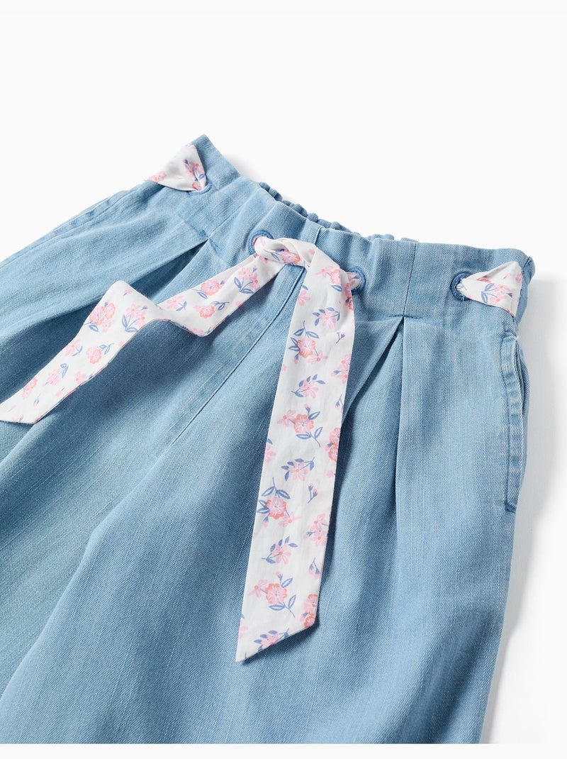 Pantaloni in denim con cintura floreale e vita paperbag Blu chiaro - Kiabi