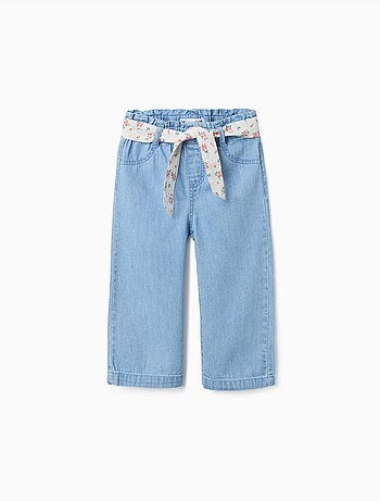 Pantaloni in jeans a gamba larga con cintura floreale