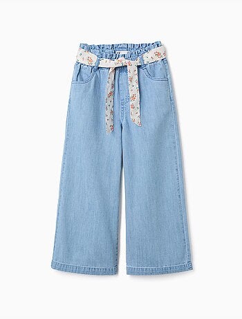 Pantaloni in jeans a gamba larga con cintura floreale