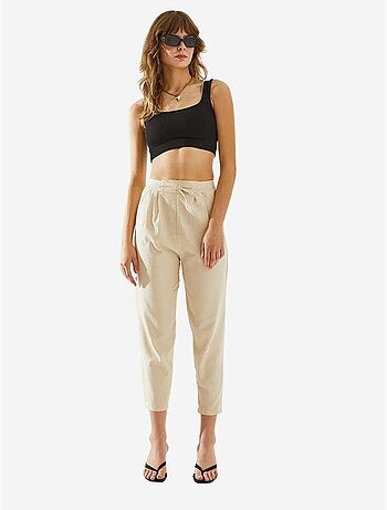 Pantaloni in lino a spina di pesce con dettaglio in vita lucci