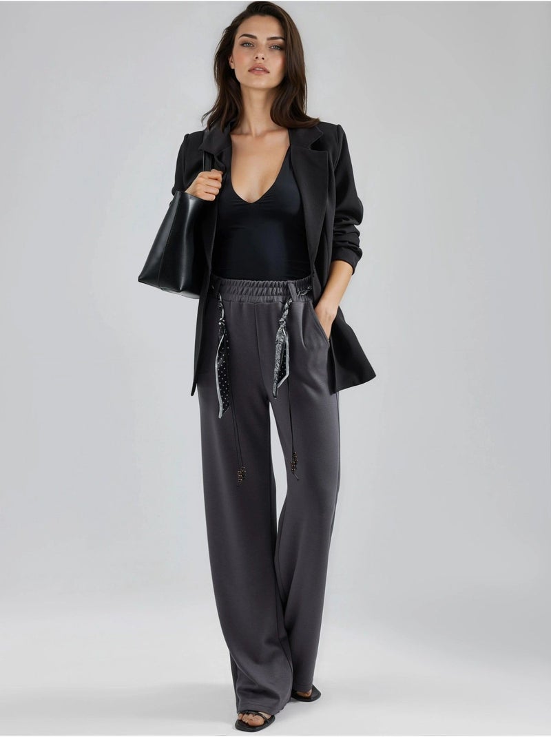 Pantaloni in maglia a vita alta con cintura e gamba dritta modal touch, hiccup Grigio - Kiabi