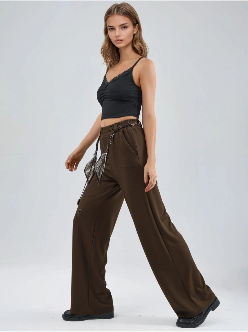 Pantaloni in maglia a vita alta con cintura e gamba dritta modal touch, hiccup Marrone scuro - Kiabi