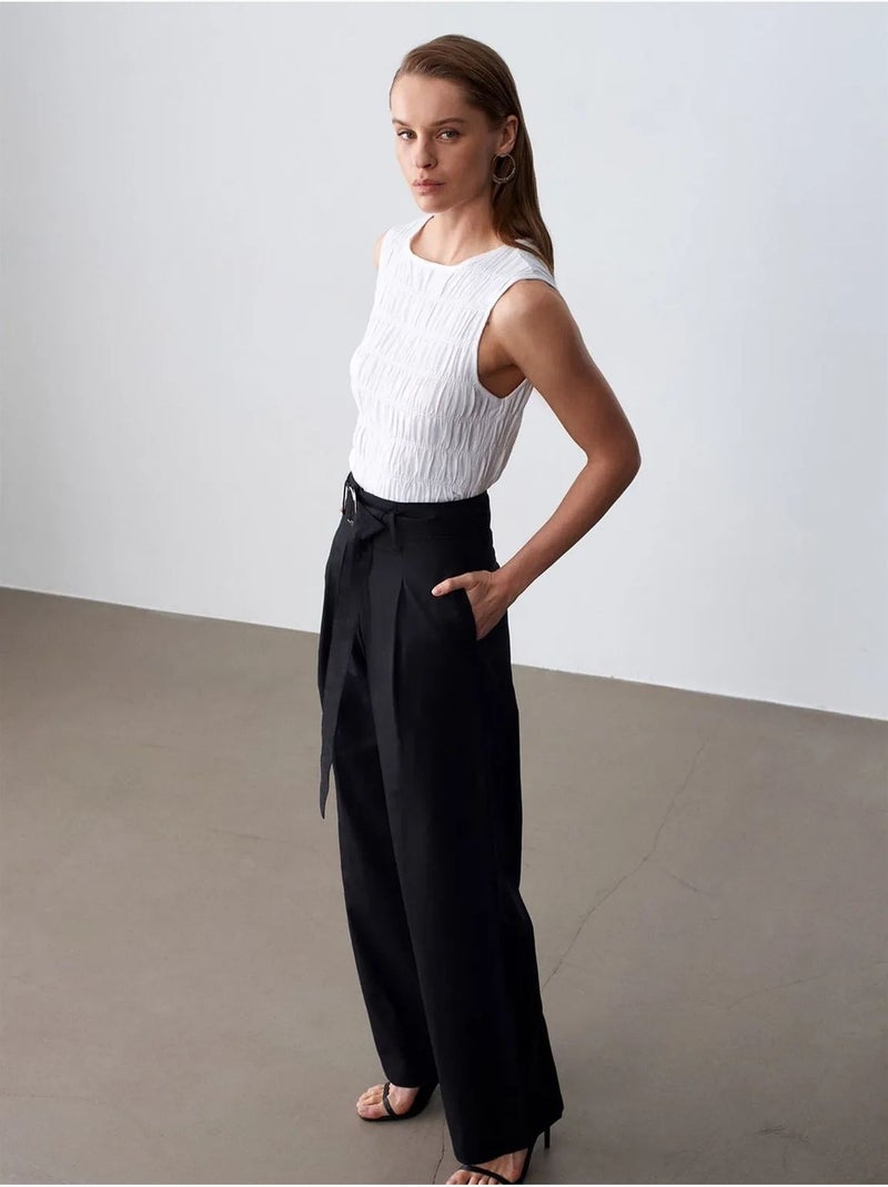 Pantaloni in misto lino a gamba ampia con cintura dilvin Nero - Kiabi