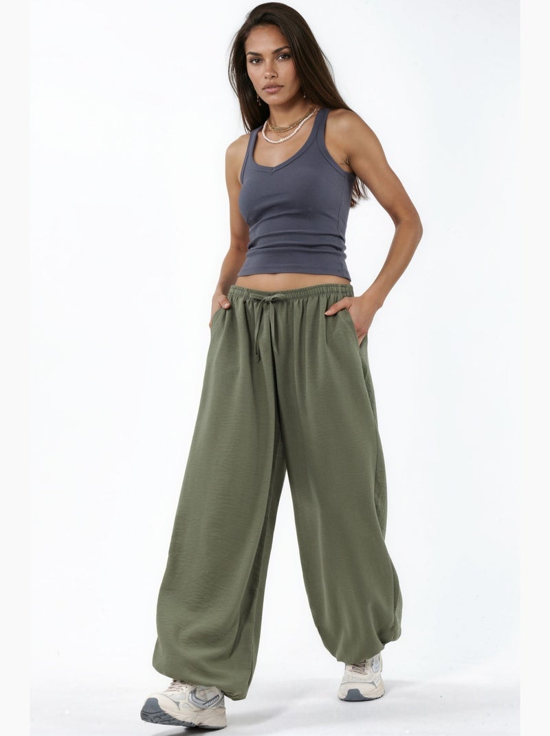 Pantaloni in tessuto a gamba larga con vita a coulisse busem Verde - Kiabi