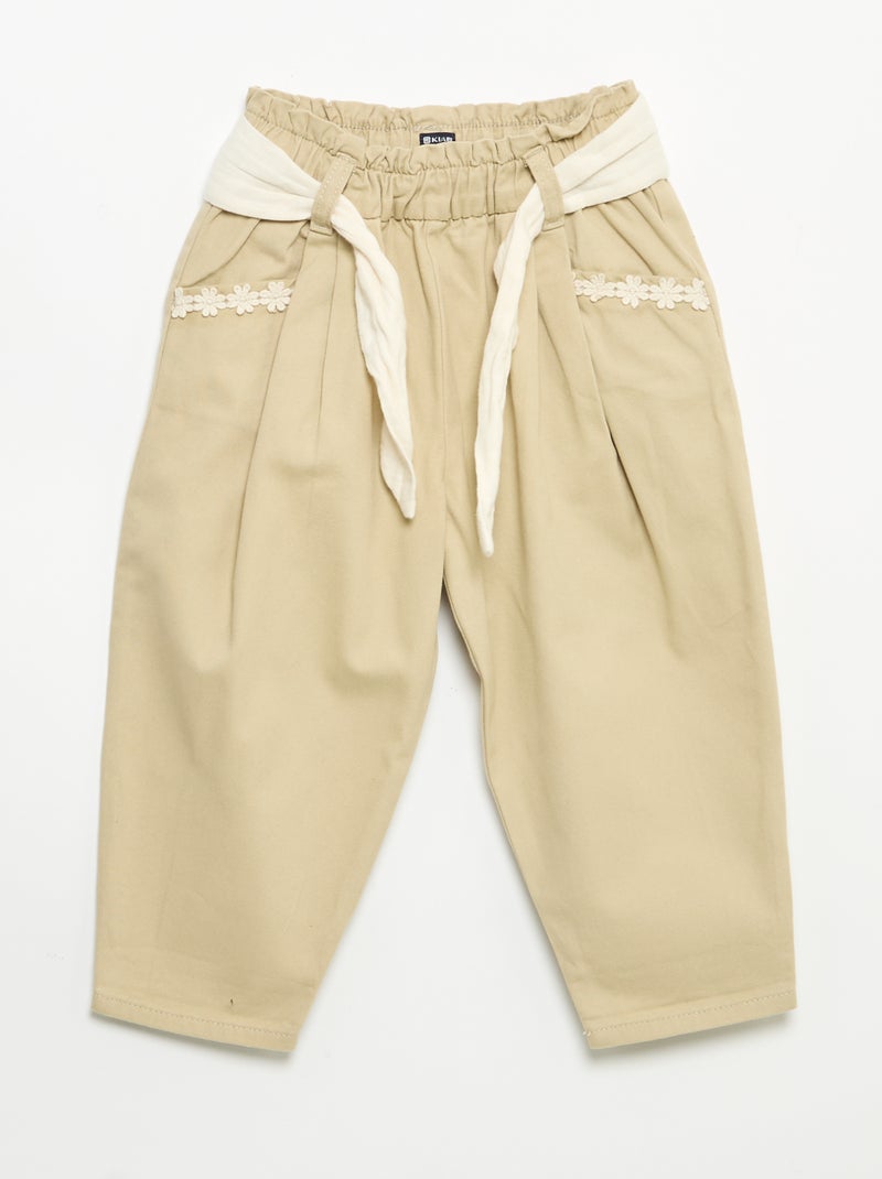 Pantaloni in twill con cintura da annodare Beige - Kiabi