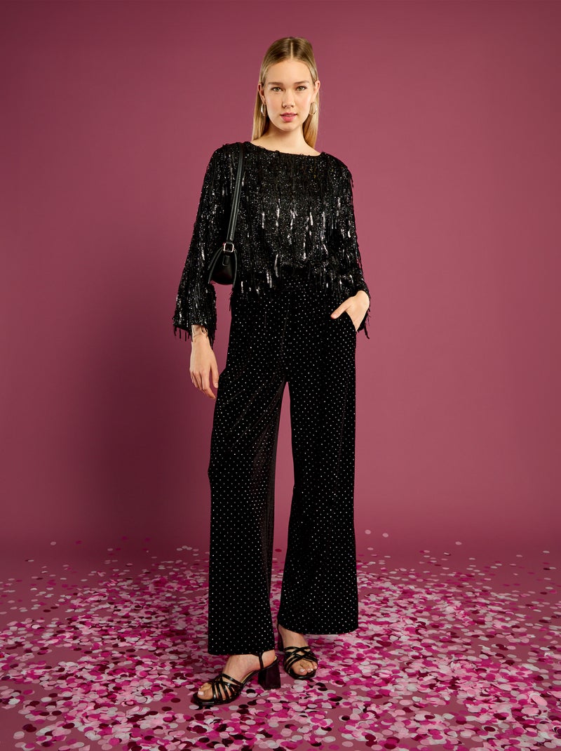 Pantaloni in velluto con strass Nero - Kiabi