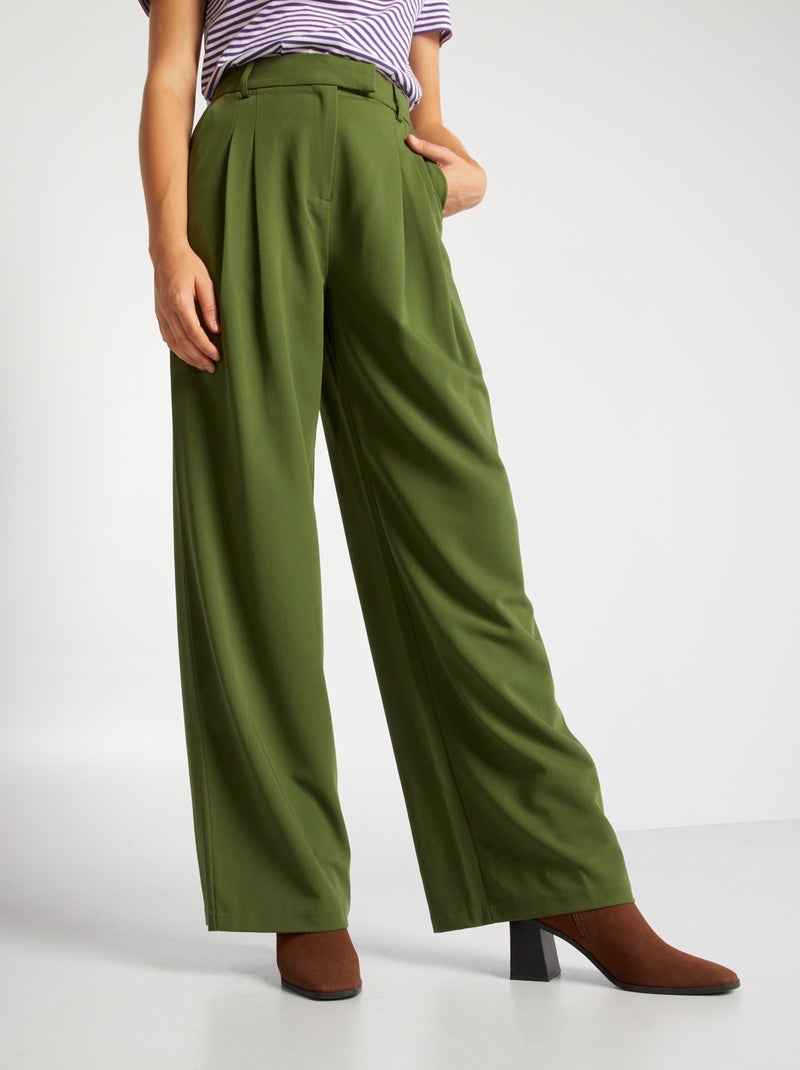 Pantaloni larghi a vita alta kaki scuro - Kiabi