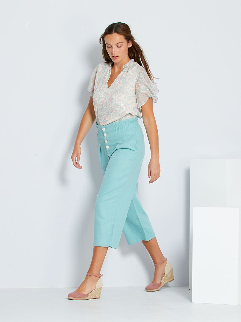 Pantaloni larghi in cotone e lino eco-sostenibili grigio verde - Kiabi