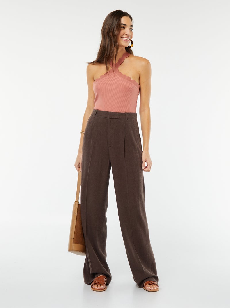 Pantaloni larghi in misto lino a righe MARRONE - Kiabi