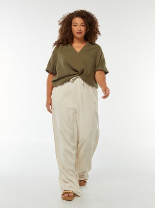 Pantaloni larghi maglia con rilievo in misto lino