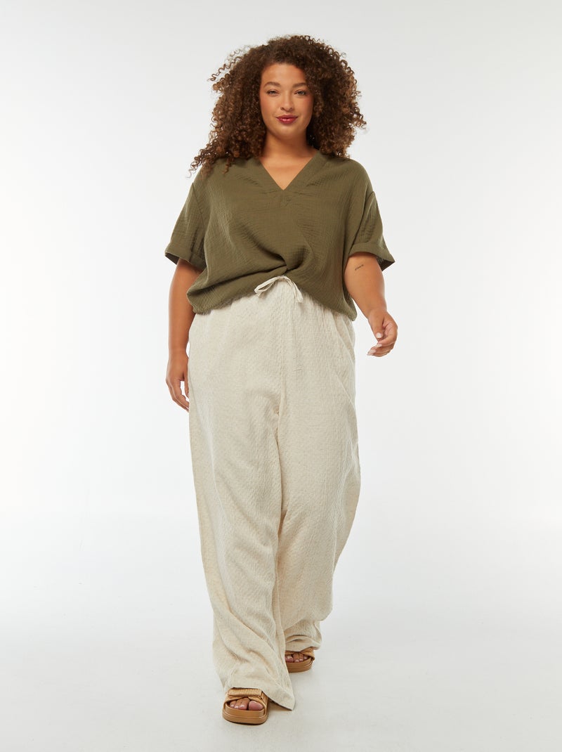 Pantaloni larghi maglia con rilievo in misto lino Beige - Kiabi