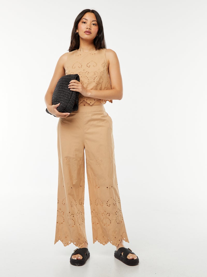 Pantaloni larghi ricamati a punto inglese Rosa - Kiabi