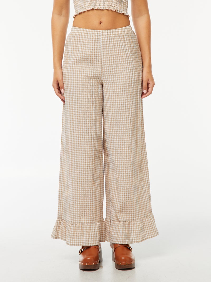 Pantaloni larghi vichy con volant Beige - Kiabi
