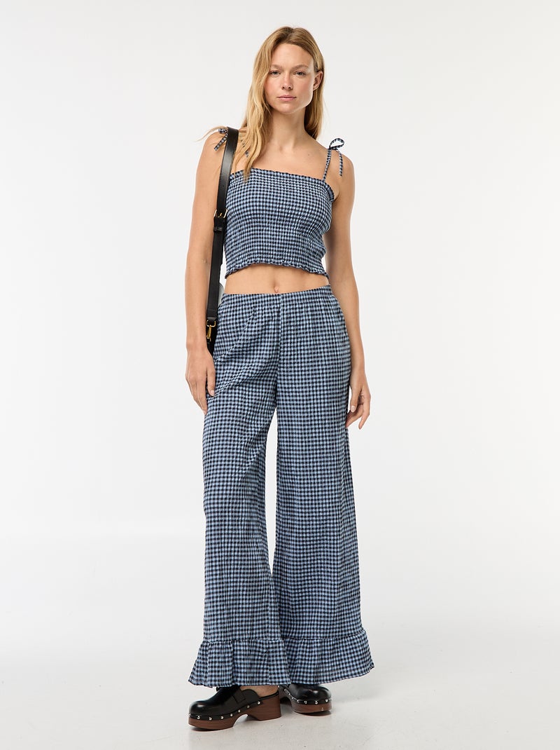 Pantaloni larghi vichy con volant Blu - Kiabi