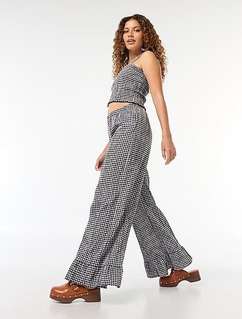 Pantaloni larghi vichy con volant
