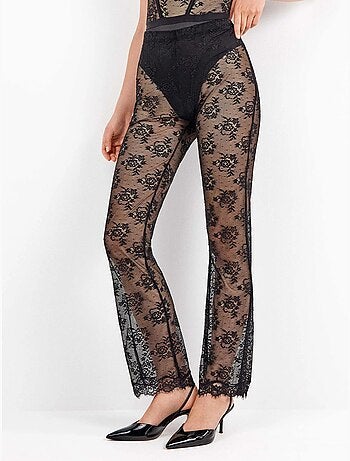 Pantaloni lunghi elastici in delicato pizzo floreale trasparente