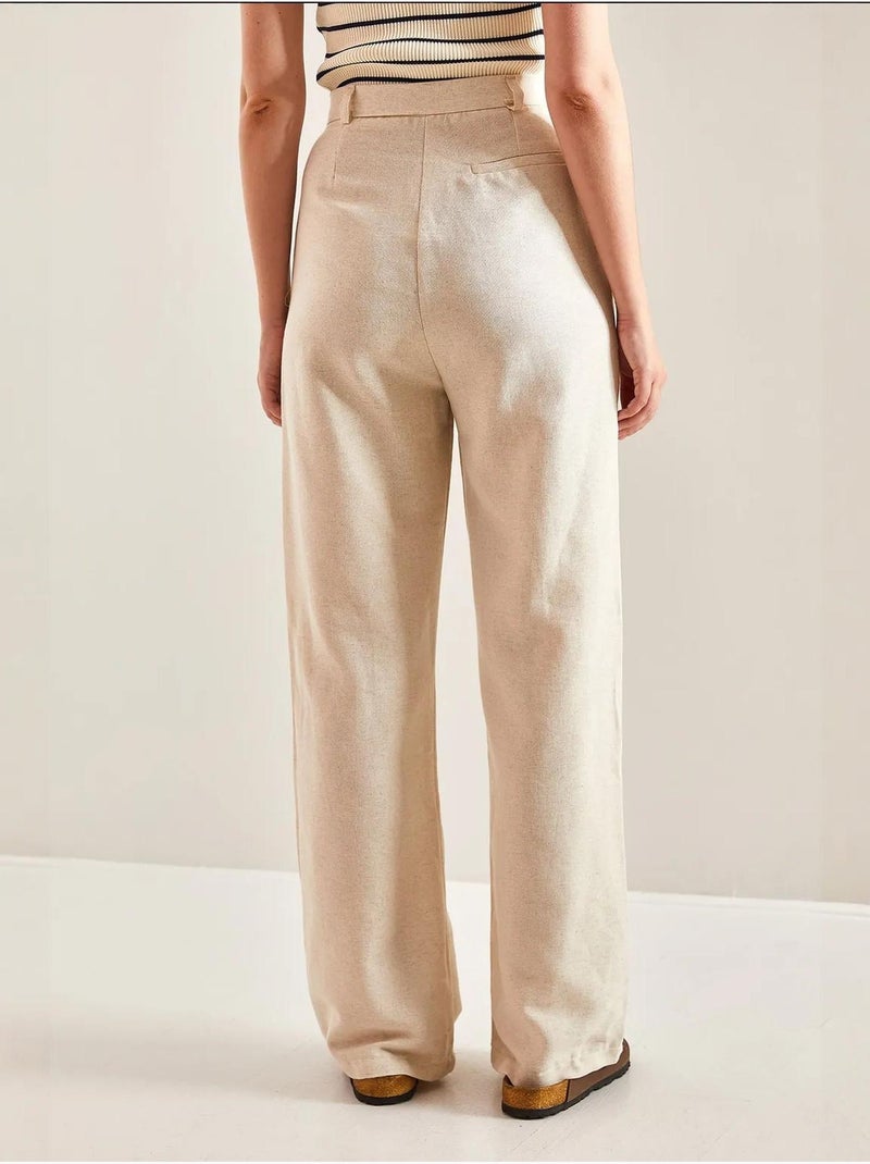 Pantaloni palazzo a vita alta con pieghe lucci Sabbia - Kiabi
