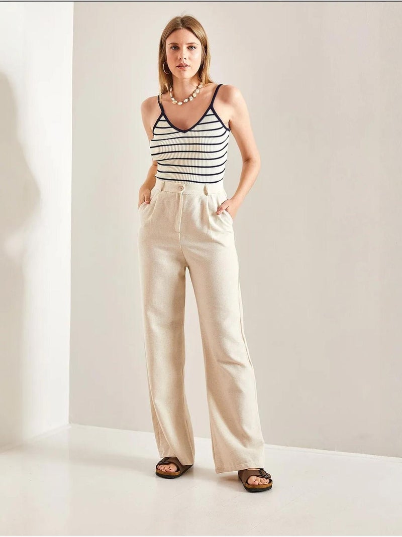 Pantaloni palazzo a vita alta con pieghe lucci Sabbia - Kiabi