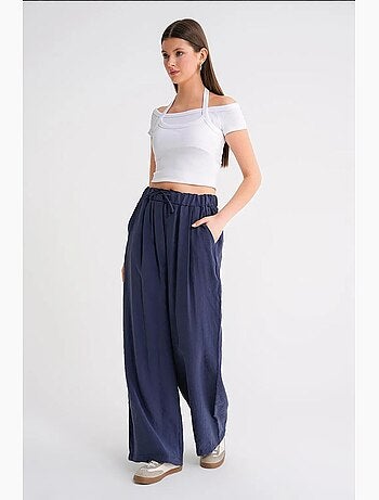 Pantaloni palazzo a vita alta in modal plissettati con coulisse mixray