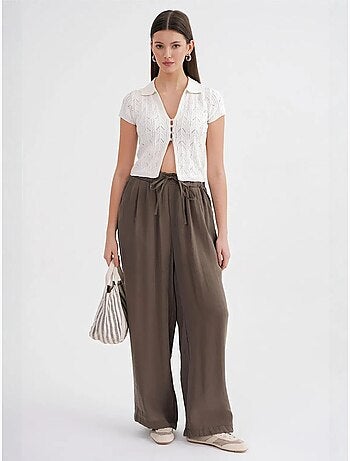 Pantaloni palazzo a vita alta in modal plissettati con coulisse mixray
