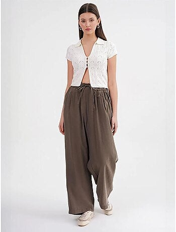 Pantaloni palazzo a vita alta in modal plissettati con coulisse mixray