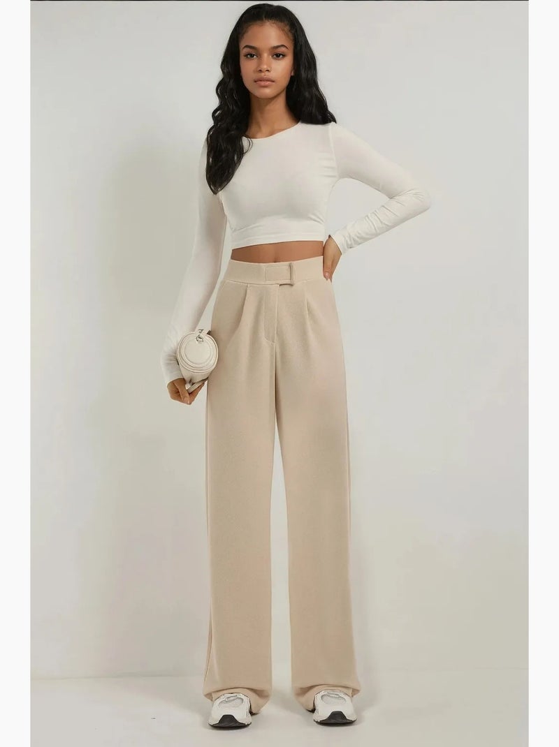 Pantaloni palazzo in crêpe con vita alta elasticizzata hiccup Beige argilla - Kiabi