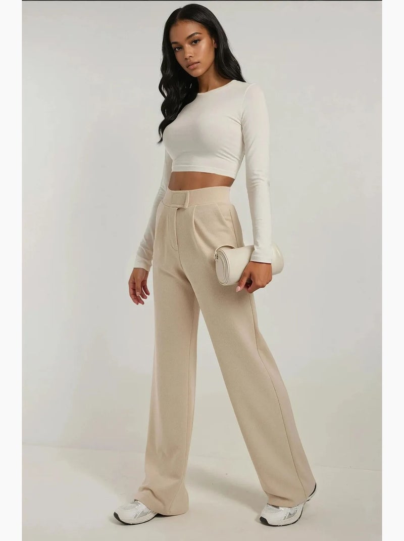 Pantaloni palazzo in crêpe con vita alta elasticizzata hiccup Beige argilla - Kiabi