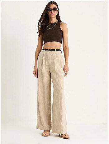 Pantaloni palazzo in lino con cintura in paglia e dettaglio tasca lucci