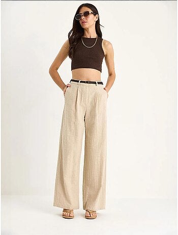 Pantaloni palazzo in lino con cintura in paglia e dettaglio tasca lucci