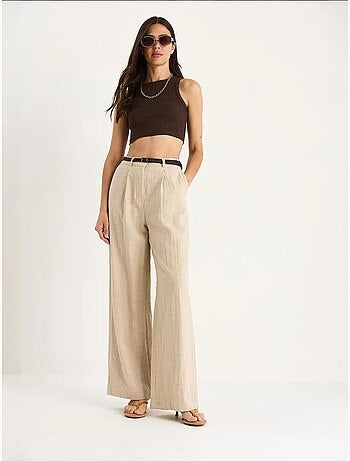 Pantaloni palazzo in lino con cintura in paglia e dettaglio tasca lucci