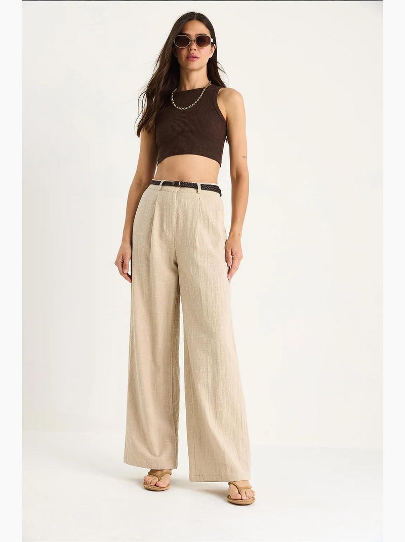 Pantaloni palazzo in lino con cintura in paglia e dettaglio tasca lucci Beige argilla - Kiabi