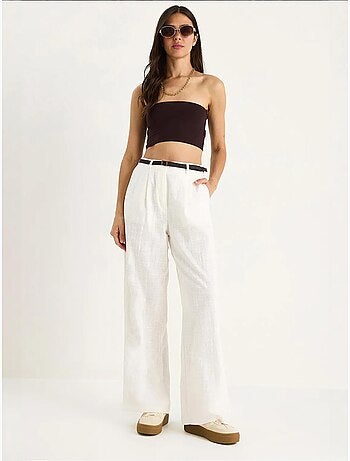 Pantaloni palazzo in lino con cintura in paglia e dettaglio tasca lucci