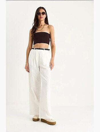 Pantaloni palazzo in lino con cintura in paglia e dettaglio tasca lucci
