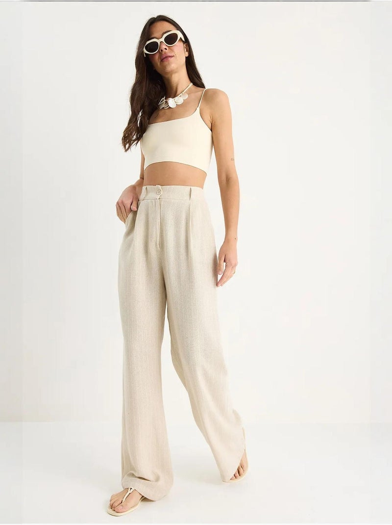 Pantaloni palazzo in lino con tasche a righe sottili lucci Beige argilla - Kiabi