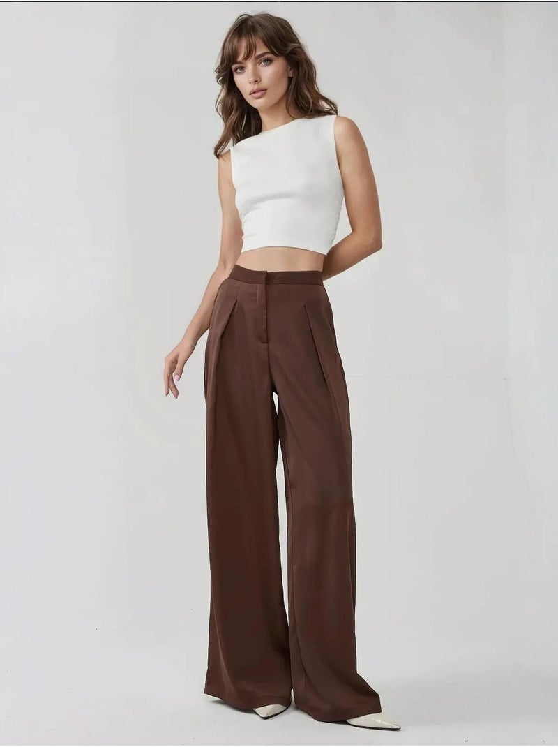 Pantaloni palazzo in raso a vita alta e gamba larga Marrone - Kiabi