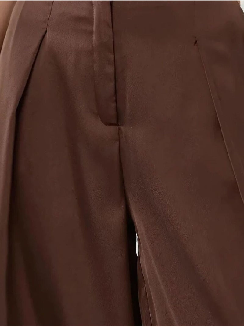 Pantaloni palazzo in raso a vita alta e gamba larga Marrone - Kiabi
