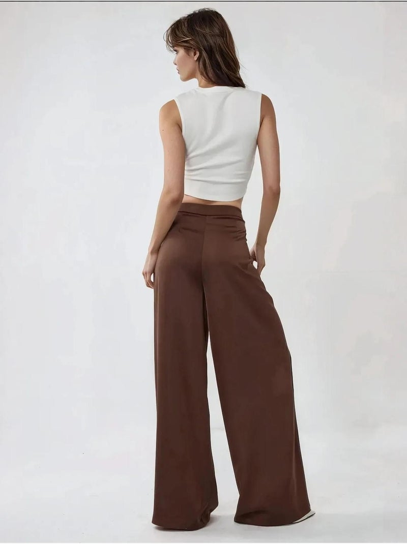 Pantaloni palazzo in raso a vita alta e gamba larga Marrone - Kiabi