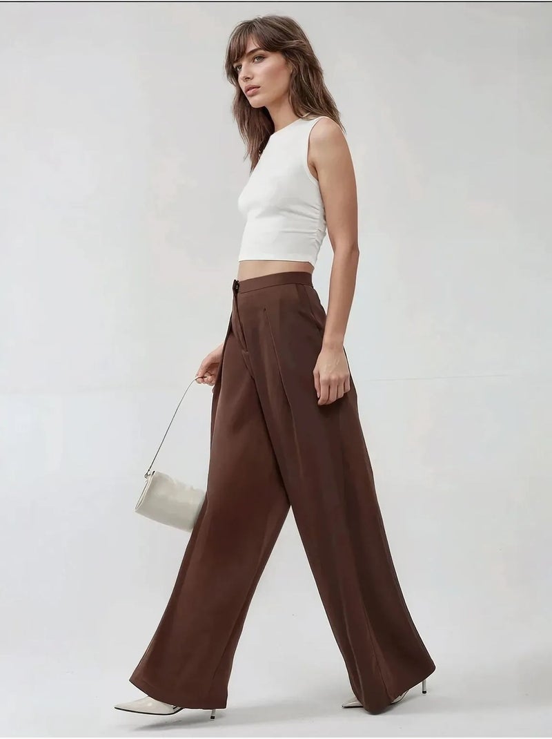 Pantaloni palazzo in raso a vita alta e gamba larga Marrone - Kiabi