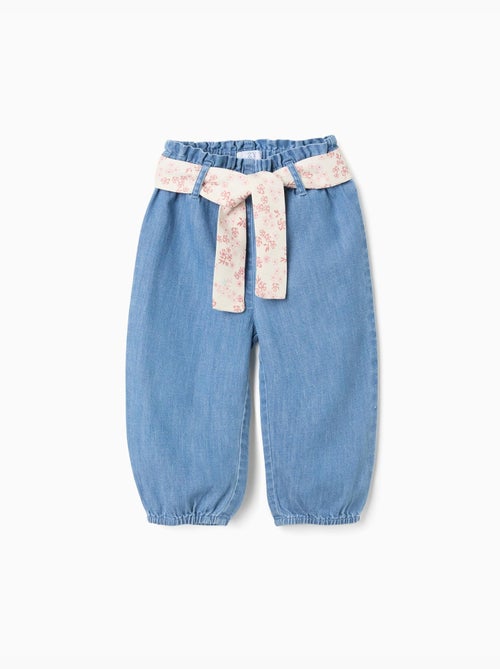 Pantaloni paperbag in denim con cintura floreale - Kiabi