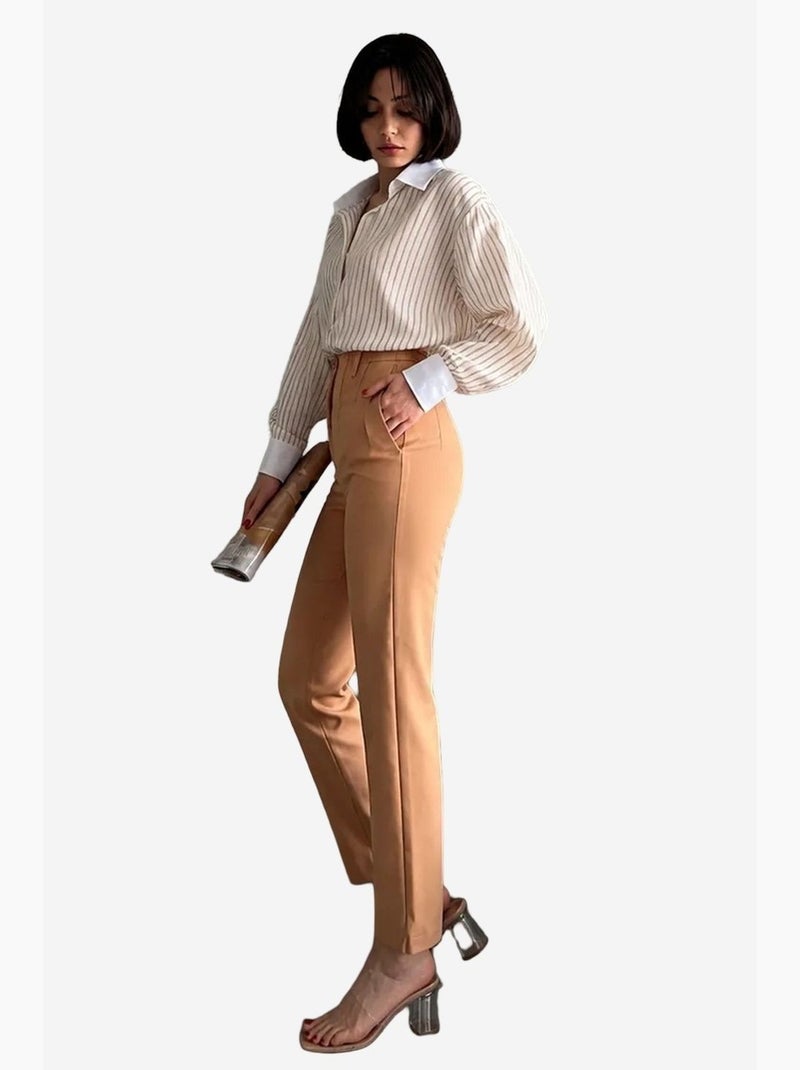 Pantaloni sartoriali a vita alta con pieghe my fashion Grège - Kiabi