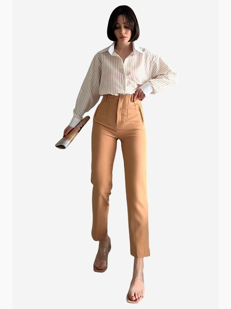Pantaloni sartoriali a vita alta con pieghe my fashion Grège - Kiabi