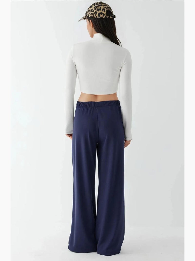 Pantaloni soft touch a gamba ampia con pieghe hiccup Blu marino - Kiabi