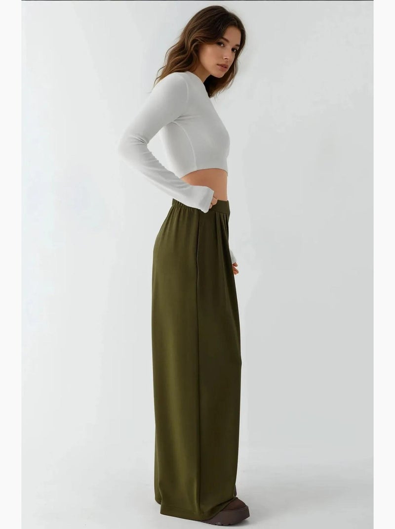 Pantaloni soft touch a gamba ampia con pieghe hiccup Cachi - Kiabi