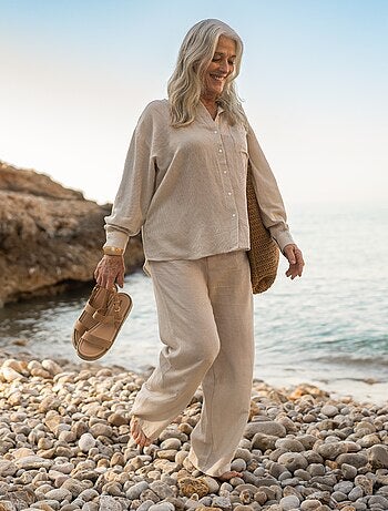 Pantaloni wide leg in misto lino