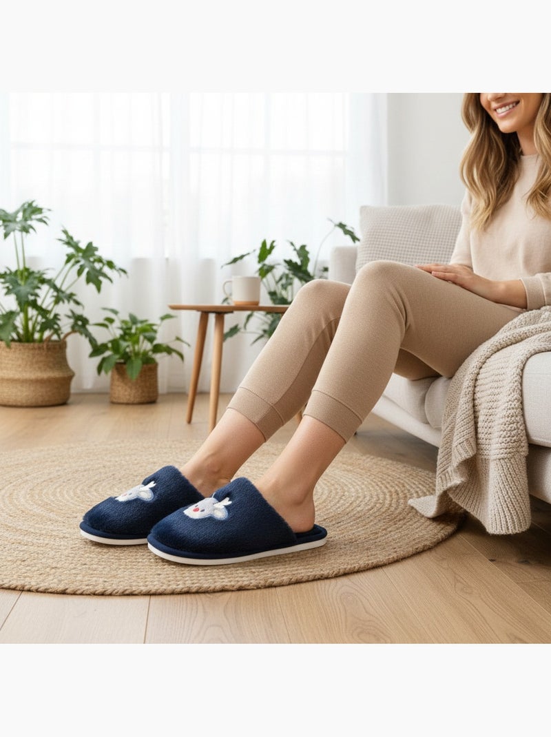 Pantofole aperte donna ozabi, pelliccia sintetica, renna ricamata Blu marino - Kiabi